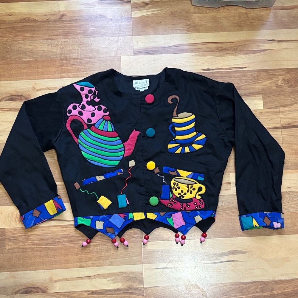 RARE Vintage SilkScapes Colorful Teapot Design, 100% Silk Women's Jacket, Small